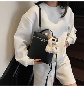Korean style fashion litchi grain leather backpack with cute plush bear pendant for women