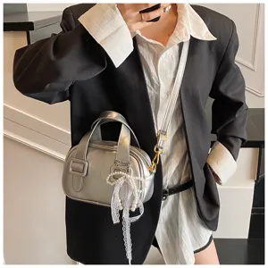 Korean style soft leather shoulder handbag, stylish metallic silver pillow bag with pearl bow.