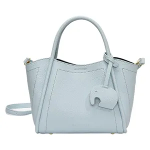 Elegant light blue leather handbag for women, trendy bucket tote with shoulder strap and charm.