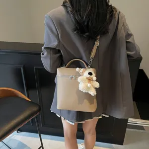 Korean style chic litchi pattern women backpack casual cute plush bear pendant shoulder bag