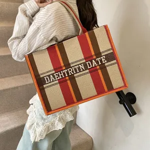 Damen Mode Canvas Tragetasche Große Kapazität Pendler Einkaufstasche Vertikal Gestreift Stickerei Griff Schultertasche