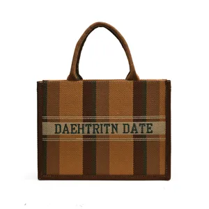 Stilvolle braune gestreifte Canvas Umhängetasche, große Kapazität Freizeit Shopper Tasche.