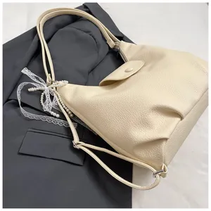 Cream white convertible women backpack shoulder bag with lace pearl bow for daily commuting