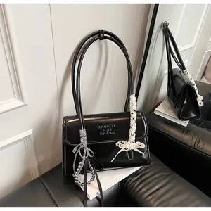 French style black shoulder bag with lace bow and pearl charms, trendy chic underarm bag for women
