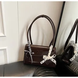 French Niche Patent Leather Handbag Women Elegant Double Handle Shoulder Bag Bow Decor
