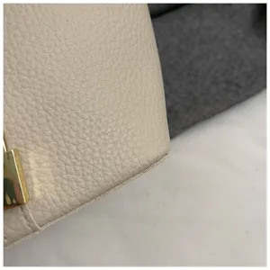 Detaillierte Ansicht einer sehr schönen beige Ledertasche mit goldenem Metallschloss.