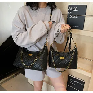 Retro quilted chain tote bag for women, stylish commuter underarm single shoulder bag daily use.