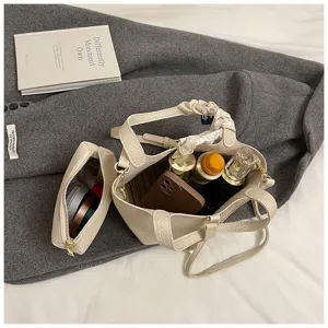Modische PU Leder Eimer Handtasche Set mit passender Tasche und stilvollem Schalgriff.