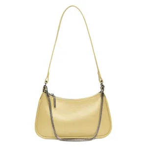 Mujer elegante bolso de hombro de cuero suave amarillo con cadena de metal bolso hobo chic