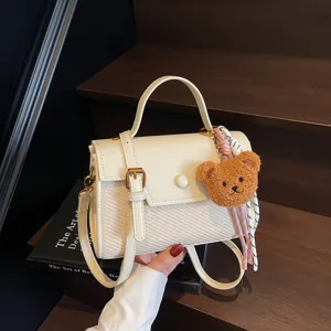 Women PU Leather Small Square Bag Casual Commuting Shoulder Bag Fashion All-Match Messenger Handbag With Pendant