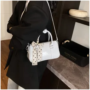 Vintage casual women shoulder bag retro solid color commuting handbag with polka dot scarf