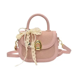 Bolso bandolera tejido rosa para mujer, elegante bolso con lazo de perlas y encaje.