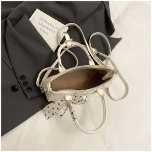 Women minimalist solid color handbag casual crossbody shoulder bag with polka dot ribbon handle