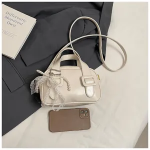 Trendy women soft leather pillow handbag with pearls lace accent casual shoulder bag