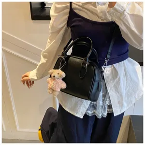 Korean style minimalist women bowling bag soft leather handbag crossbody bag with cute bear charm