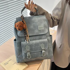Rétro Mode Grande Capacité Sac à Dos en Cuir PU Femme Casual Sac d'École Voyage Collège Bookbag Avec Mignon Pendentif