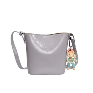 Stylish minimalist patent leather bucket bag with cute pearl charm shoulder crossbody