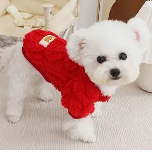 Red fleece dog hoodie for small dogs, warm winter pet apparel, cozy fleece puppy sweatshirt detail.