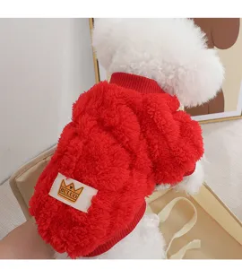 Red fleece pet dog hoodie winter warm sweater, soft coral fleece puppy apparel for small dogs Teddy.