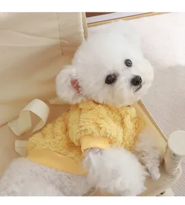 Cozy yellow fleece pet sweatshirt detail for small dogs, warm winter puppy apparel design.