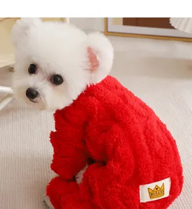 Cozy red fleece four-leg pet dog clothes featuring cute bear ears for winter warmth.