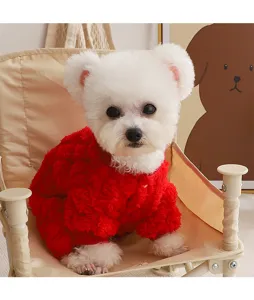 Winter warm pet dog four-legged red fleece sweater, cute puppy clothes for small dogs detail.