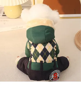 Winter thick warm dog four-legged hooded jumpsuit, green argyle pet clothes for small puppies.