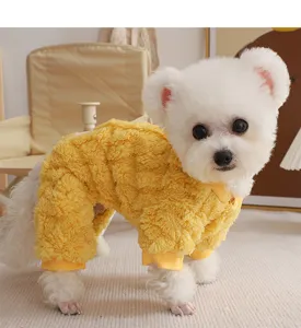 Cozy yellow fleece pet jumpsuit for small dogs, warm four-legged winter sweater for puppies.