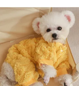 Cute yellow fleece puppy jumpsuit with bear ears, soft warm winter clothes for small dogs detail.