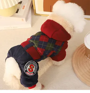 Warm winter pet four-leg hoodie for small dogs, thickened plush plaid design with cute style.
