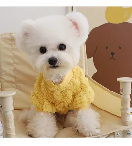 Detailed view of cozy yellow fleece pet sweatshirt for small dogs, soft warm texture.