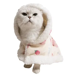 Cute winter pet cat hooded cape warm fleece cloak with bear and strawberry print for pets