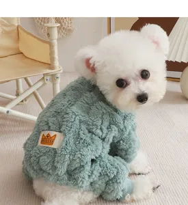 Cozy green fleece pet jumpsuit for small dogs, warm four-leg winter apparel detail shot.