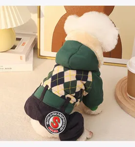 Winter warm dog jumpsuit with hood, thick plaid pet clothes for small puppies, cozy & cute.
