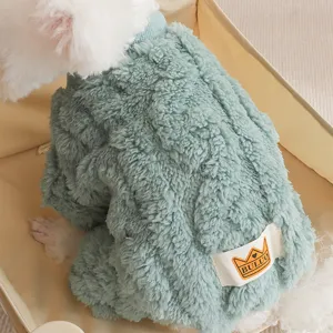 Cozy green pet fleece jumpsuit for puppies, soft warm winter dog sweater with cute detail design.