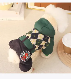 Warm winter four-leg dog hoodie, thick fleece pet apparel for small dogs, cute green plaid design.
