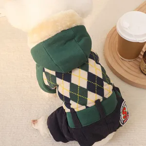 Thickened winter dog jumpsuit with cozy plaid pattern, warm fleece hood and soft fabric.