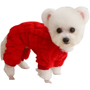 Red fuzzy four-leg dog winter sweater for small dogs, warm and festive pet apparel for new year.