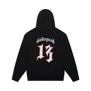 Black streetwear graphic hoodie with gothic lettering on back, oversized casual hooded top.
