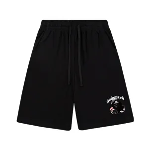 Vue détaillée de short décontracté noir streetwear avec motif tête de mort Godspeed.