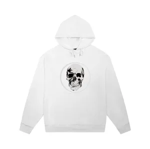 Unisex white streetwear hoodie featuring a bold graphic skull print and loose fit casual style.