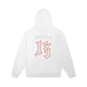 White graphic hoodie for men and women, featuring gothic back print and stylish streetwear design.