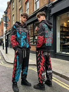 Men women distressed hoodie sweatpants set streetwear vintage zip up tracksuit fashion