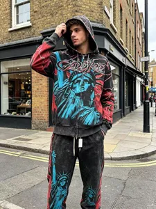 Vintage washed zip up hoodie and sweatpants set with Statue of Liberty graphic street style men women