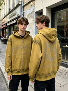 Vintage washed men's zip-up hoodie with rhinestone letter print and gothic street style.