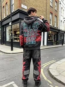 Detailed view of the vintage washed streetwear zip hoodie and sweatpants matching set.