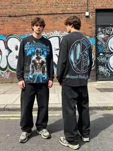 Washed vintage long sleeve graphic print t-shirt, trendy streetwear for men and women.