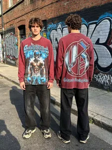 Washed distressed long-sleeve t-shirt with graphic print for streetwear fashion lovers.