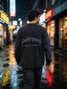 Washed distressed long sleeve t-shirt back graphic detail in rainy street night view