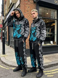 Streetwear zip hoodie and sweatpants set featuring statue of liberty graphic details.